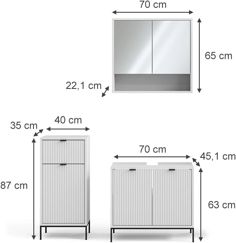 Set di mobili da bagno Eliza, Bianco, 70 cm, composto da mobile sottolavabo, specchiera e mobile medio