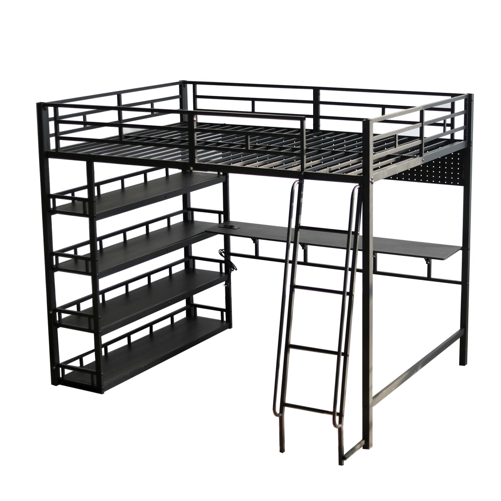 OKWISH Letto a soppalco 140×200 cm, Letto Matrimoniale con Mensole, Porta di Ricarica e Scala Inclinata, senza Materasso, Nero