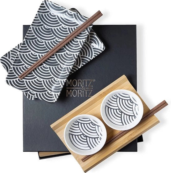 Set di Servizio per Sushi per 2 Persone - 10 Porzioni - Servizio per Sushi con 2 x Piatti per Sushi, Ciotoline per Dipingere e Sticks