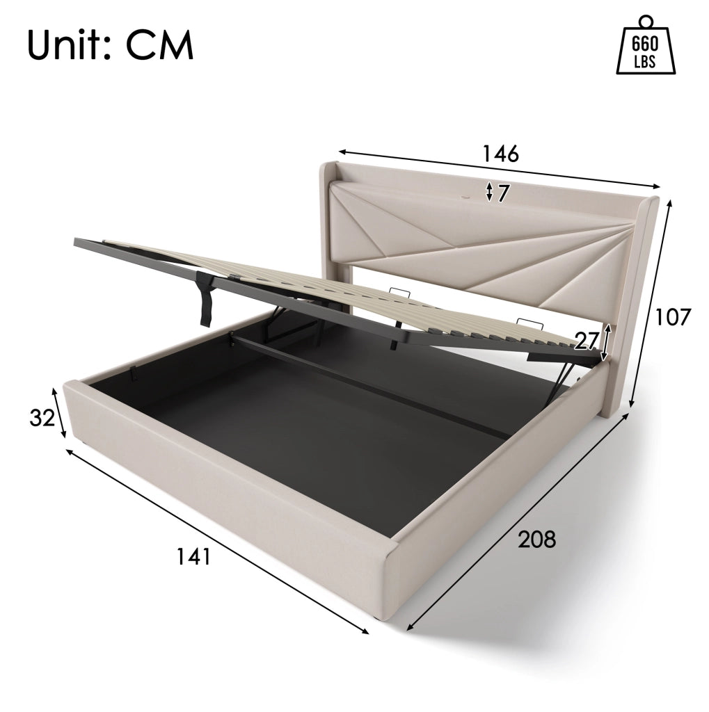 Letto matrimoniale contenitore 140x200 cm con USB e Type-C; beige in cotone lino