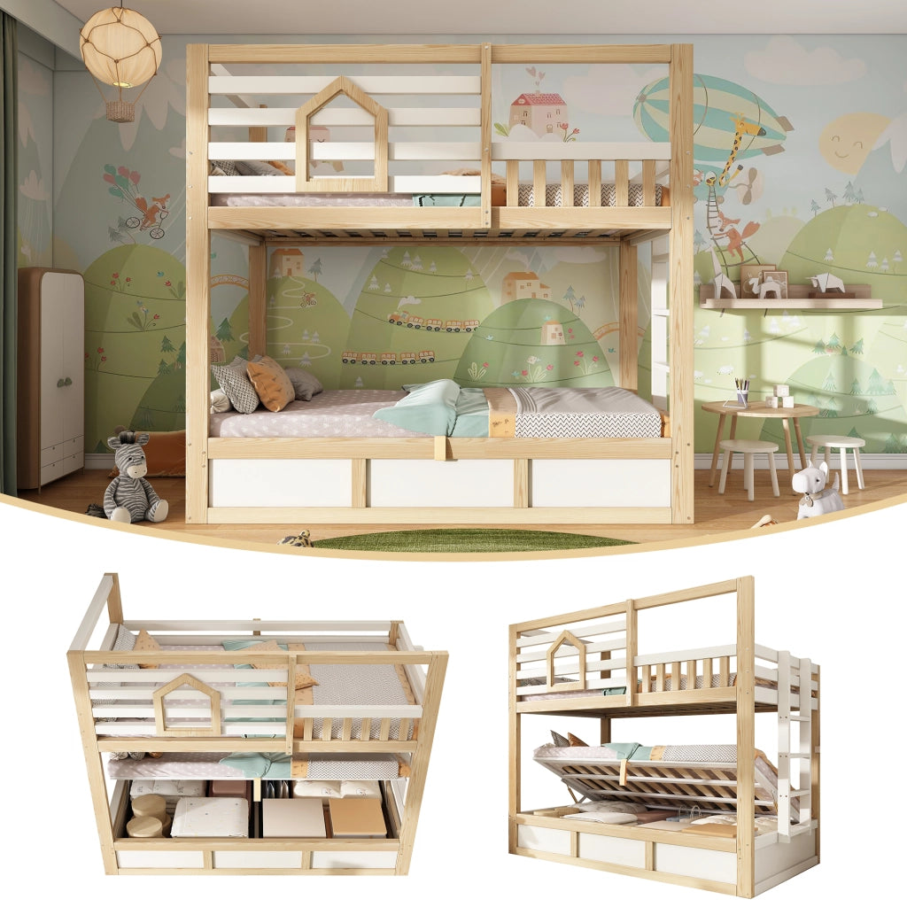 Letto a castello idraulico di 90x200 cm realizzato in rovere e legno bianco
