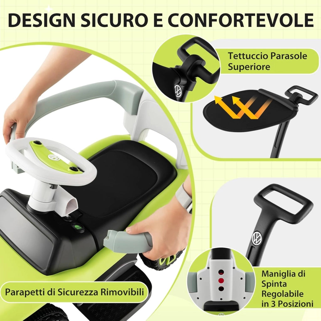 Volkswagen 3 in 1 Macchina Cavalcabile a Spinta per Bambini, Auto a Spinta con Maniglione Regolabile Parasole e Musica, Ideale per Bambini 1-3 Anni