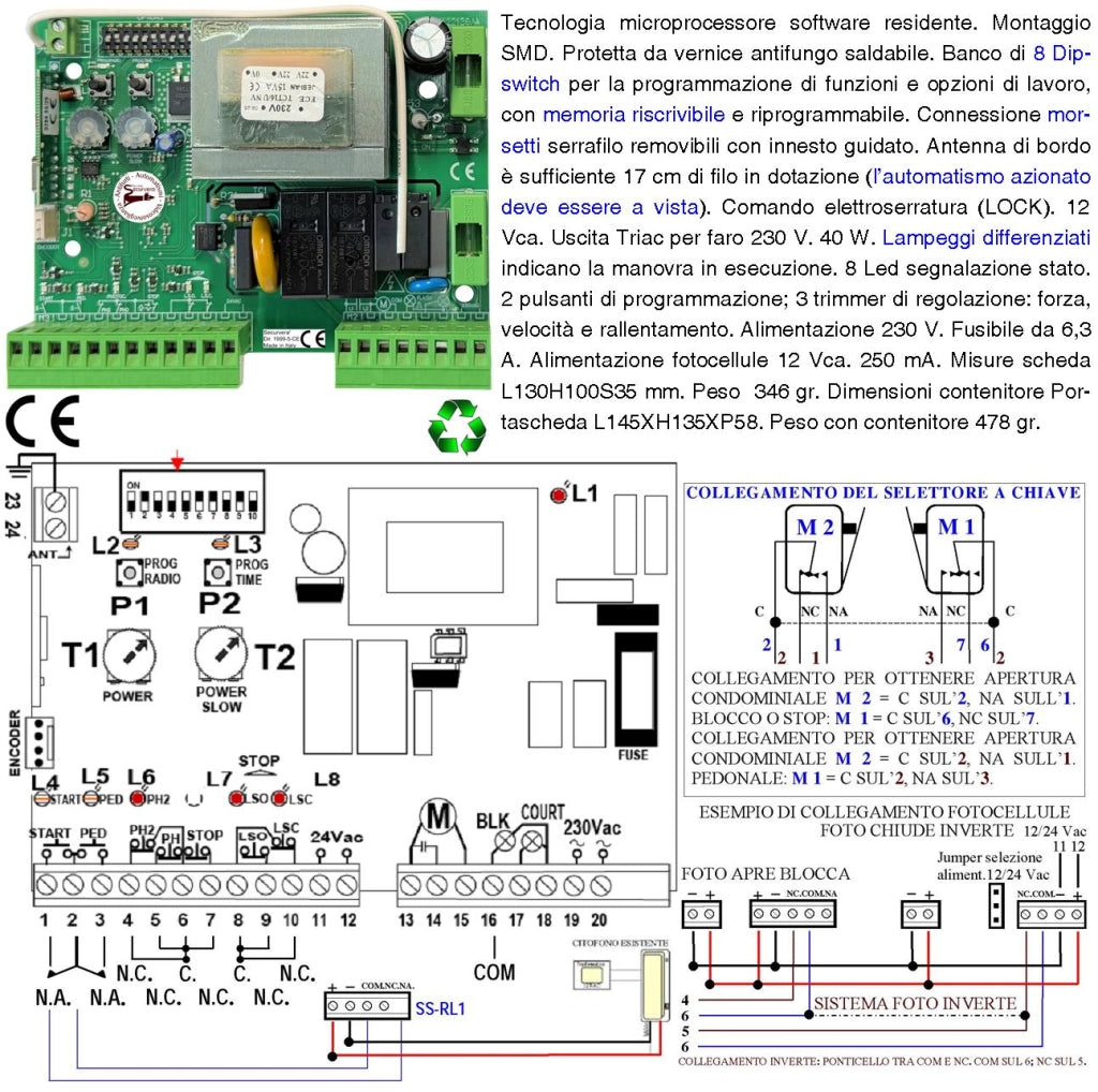 Scheda per Cancello Scorrevole e Basculante 230 V 550 W Gestione Fine Frizione Elettronica Rallentamenti Corsa Luce di Cortesia Uscita Lampeggi Differenziati Indicano i Movimenti Cartello Monitore