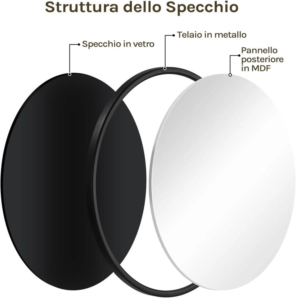 Specchio da Parete, Specchio Trucco,Cornice in Metallo Antiruggine, Decorativo per Bagno con Immagine Nitida, Ideale per Trucco e Arredamento Moderno, Specchio Bagno, Rotondo Nero 71cm