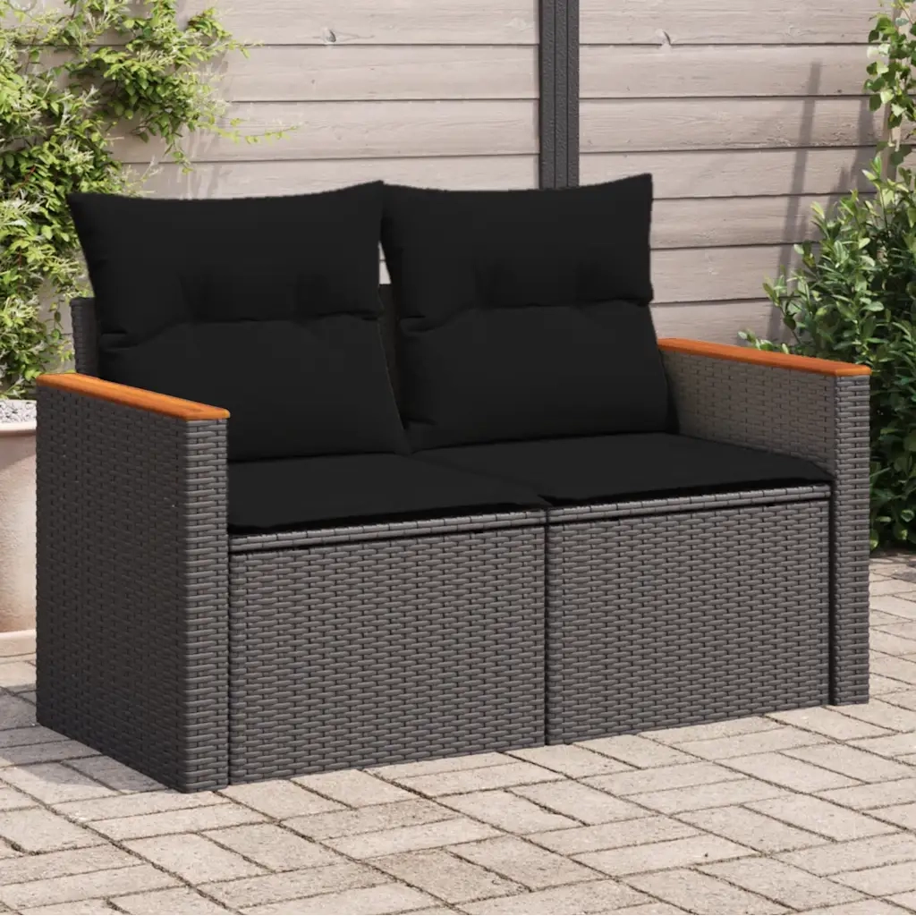 Divano da Giardino con Cuscini a 2 Posti-Sofa da Giardino-Divano da esterno Nero in Polyrattan 175399