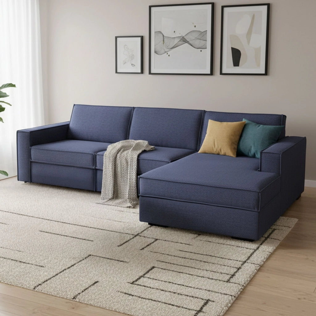 Achico, Divano Letto con Penisola Sfoderabile Made in Italy, 280x95 cm blu