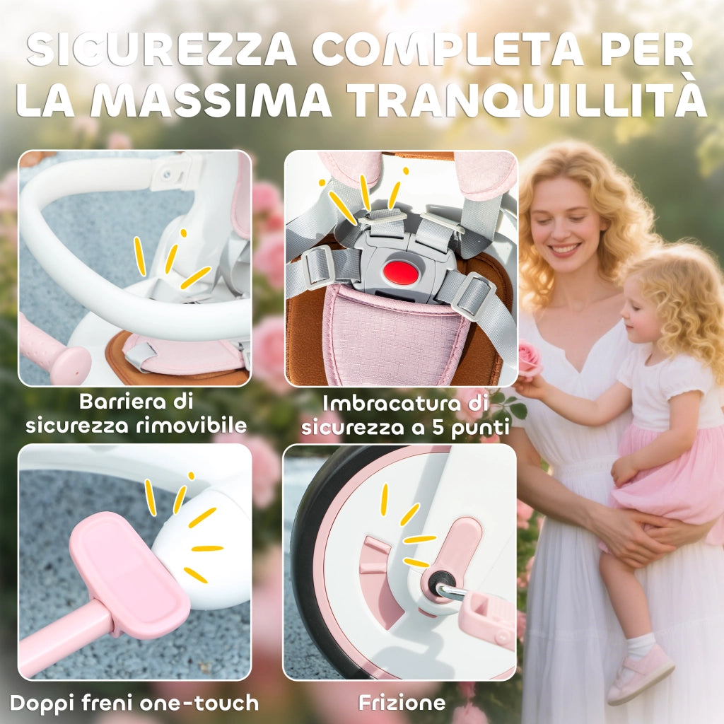 Triciclo 5 in 1 per Bambini con Maniglione di Spinta e Copertura ¨C Xylo ¨C Rosa, 96.5x49x101 cm