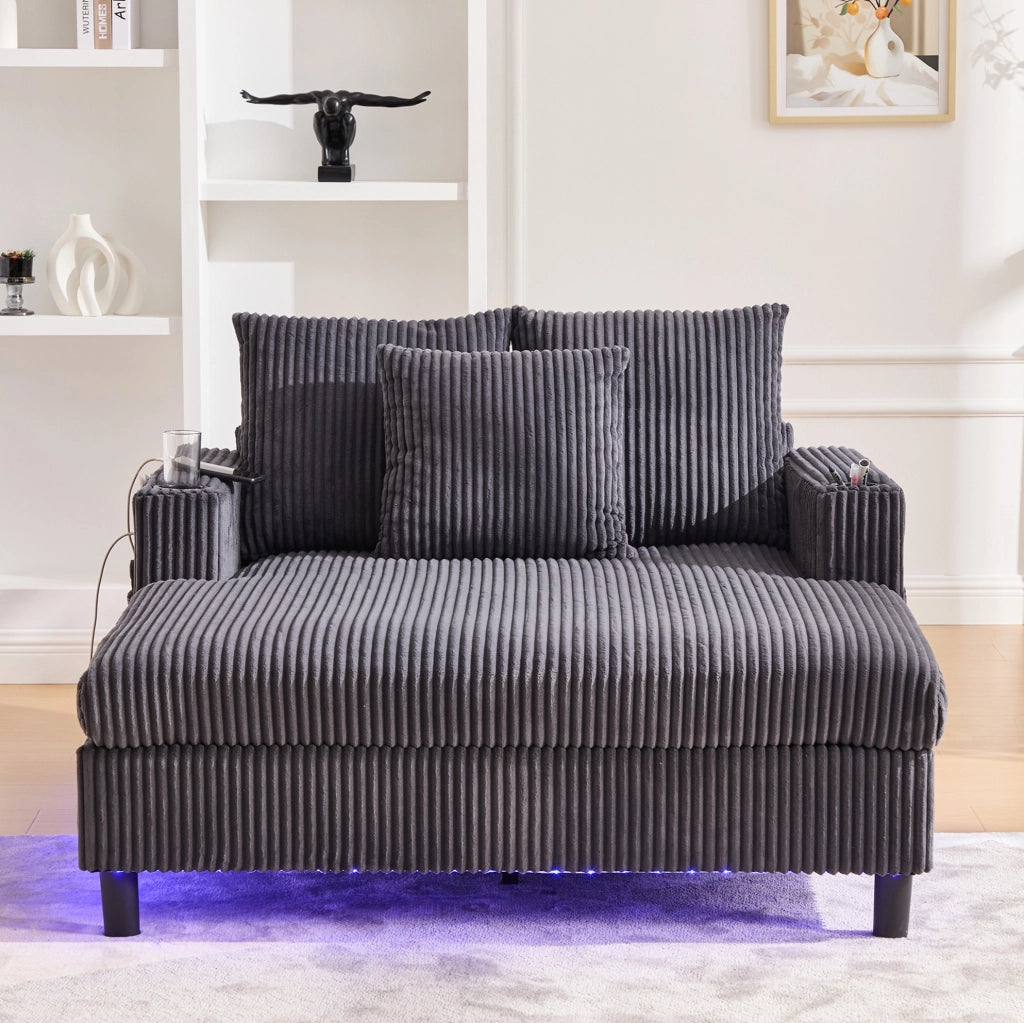 Poltrona relax 142x128x85 cm con luci LED multicolore; portabicchiere in velluto a coste grigio scuro