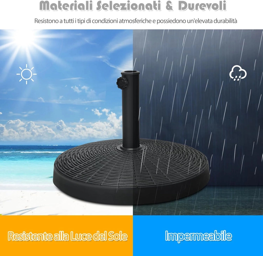 Base per Ombrellone da Giardino 22 kg, Supporto per Ombrellone da Esterno in Resina con Pomello Regolabile, Base Rotonda per Ombrellone 38mm/48 mm, 52 x 36 cm
