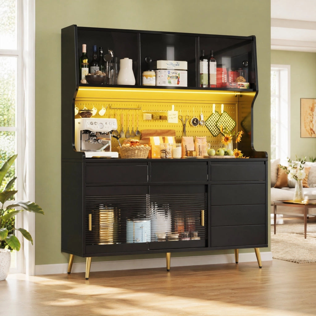 Mobile contenitore con ante scorrevoli LED controllabile via app in MDF vetro e metallo nero 145 × 39 × 171 cm