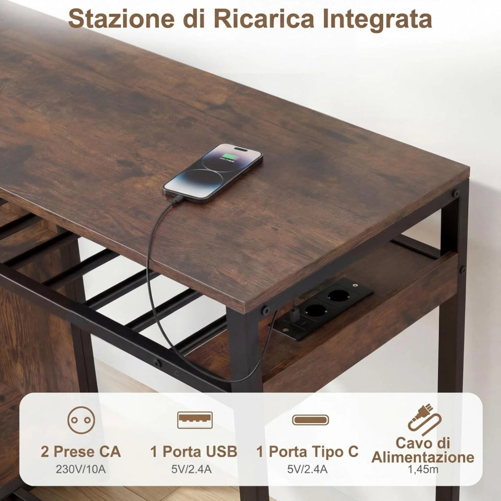 Tavolo da Bar con Luce Regolabile, Tavolino Alto con Stazione di Ricarica, Portabottiglie e Portabicchieri, Tavolino da Cucina per Soggiorno e Sala da Pranzo, 110 x 40 x 92 cm