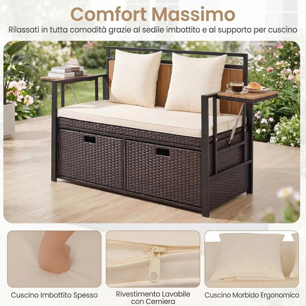 Panca da Giardino con Vano Contenitore, Panchina a 2 Posti in Rattan PE, con Tavolini Pieghevoli, Cuscini Imbottiti, per Esterno, Balcone, Terrazza, 120 x 51 x 82 cm, Portata 360 kg (Beige)
