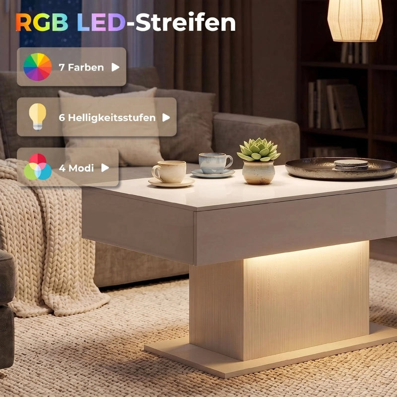 Tavolino basso con LED RGB, 2 cassetti e telecomando, finitura lucida bianca, per soggiorno, 120 × 56 × 13 cm