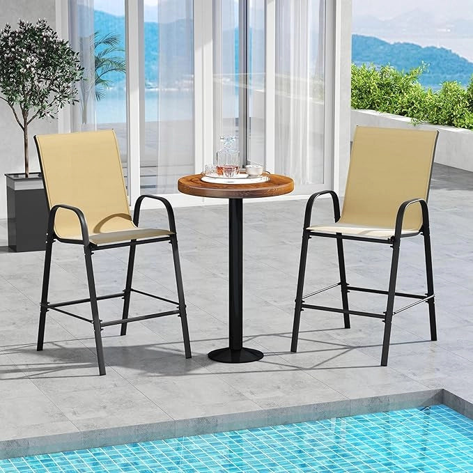Set di 2 Sgabelli da Bar per Esterno, Sgabello 74 cm da Giardino, Polrona Alta con Poggiapiedi, Seduta Allargata & Telaio in Metallo,per Patio Terrazza Piscina, Portata 150 kg