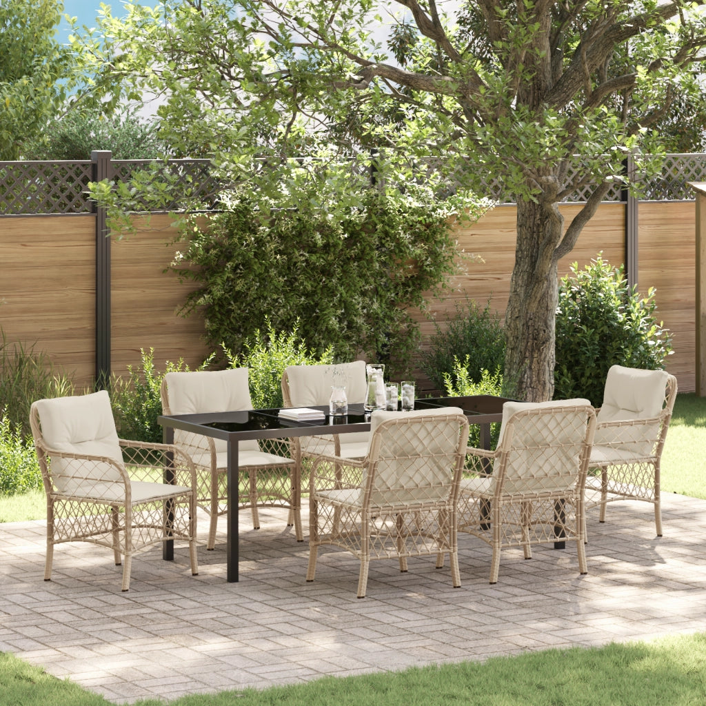 Set da Pranzo per Giardino 7 Pezzi con Cuscini in Rattan Polietilene Beige