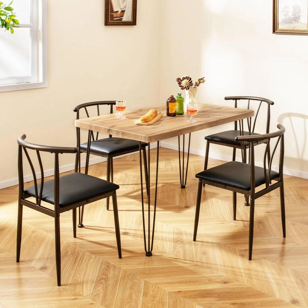 Set da Tavolo e Sedie da Pranzo, Tavolo da Cucina Industriale con 4 Sedie Senza Braccioli con Seduta Imbottita, Schienale a Raggiera, Set 5 Pezzi Mobili Salvaspazio per Sala da Pranzo