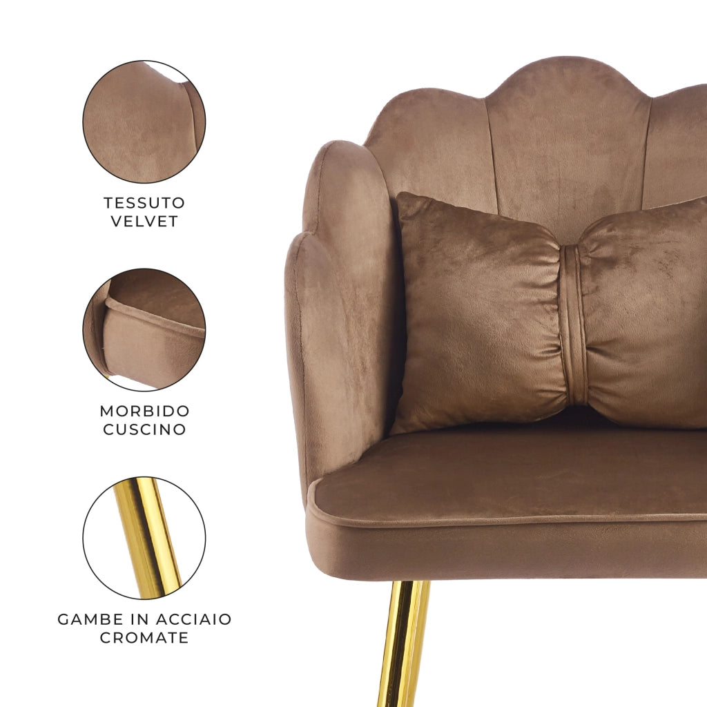 Poltroncina Elegante in Velluto con Schienale a Conchiglia, Cuscino e Gambe in Acciaio, Sedia Imbottita elegante Tortora