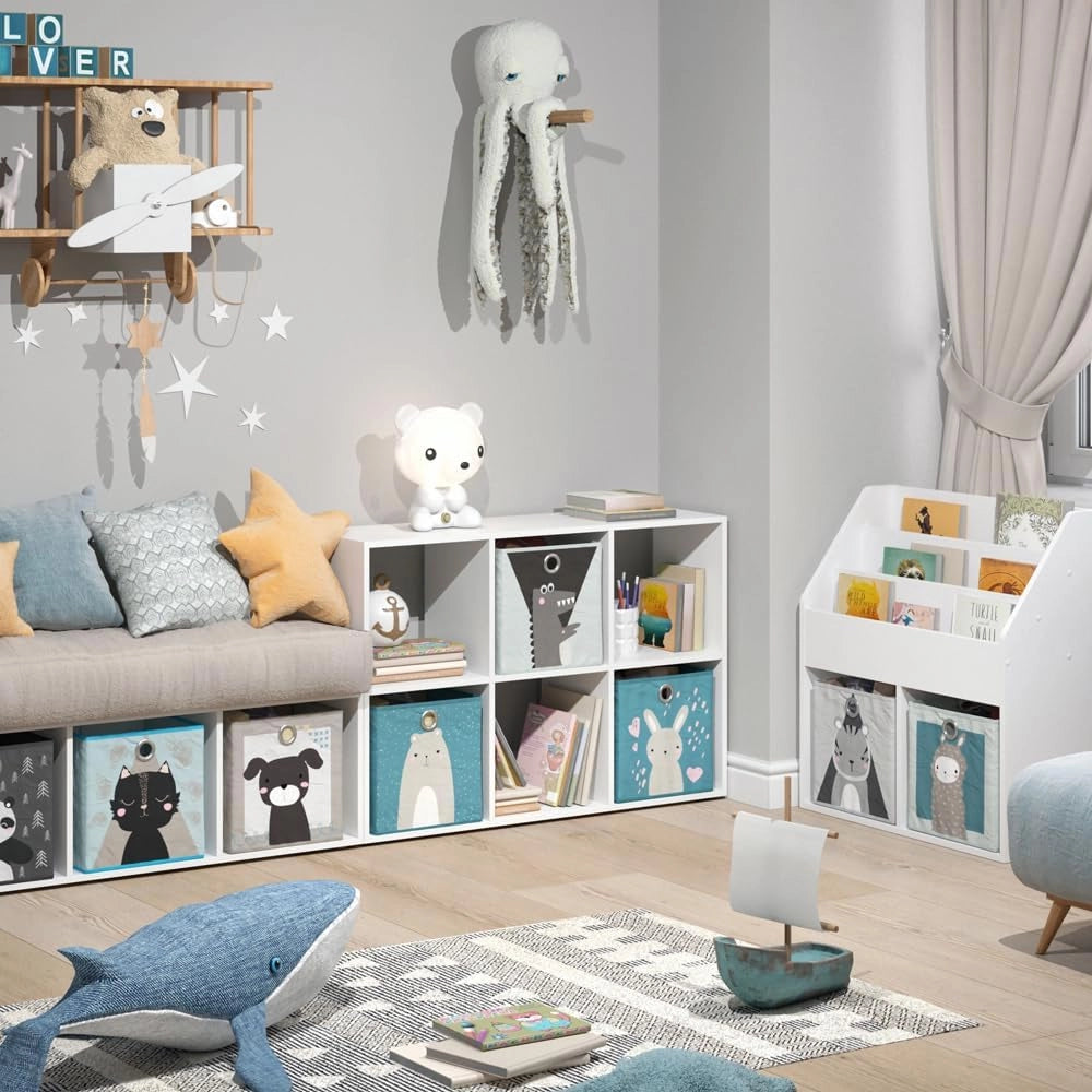 Libreria bambini, Bianco, 72 x 107.8 cm con 6 scatole pieghevoli, adatto per riporre giocattoli e libri