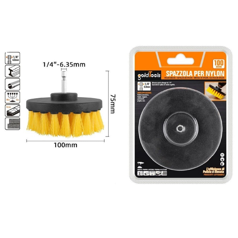 Trade Shop - Spazzola In Nylon 100mm Attacco 1/4" Rotante Trapano Elettrico Per Pulizia 57239 -