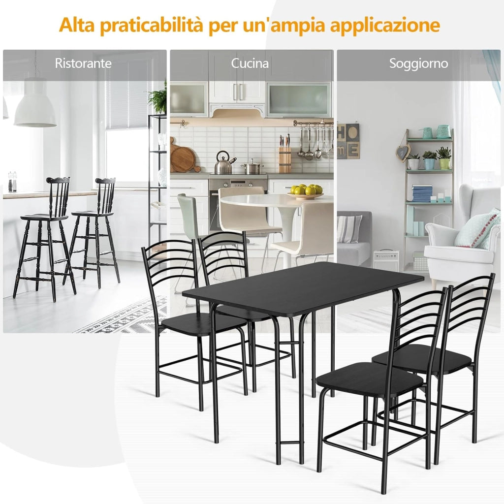 Set da Pranzo con 1 Tavolo e 4 Sedie, Set di Tavolo da Pranzo Salvaspazio di 5 Pezzi, Set Mobili per Cucina, Sala da Pranzo, in Metallo e MDF, Moderno, Nero