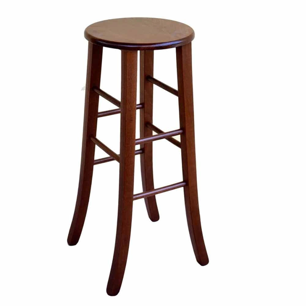 Sgabello in legno massello noce scuro h 80 con seduta tonda e gambe a sciabola