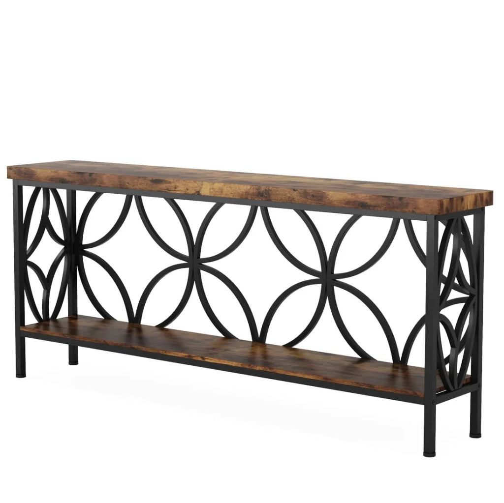 Console industriale 160x30x80 cm nero e marrone rustico, 2 ripiani, metallo e legno