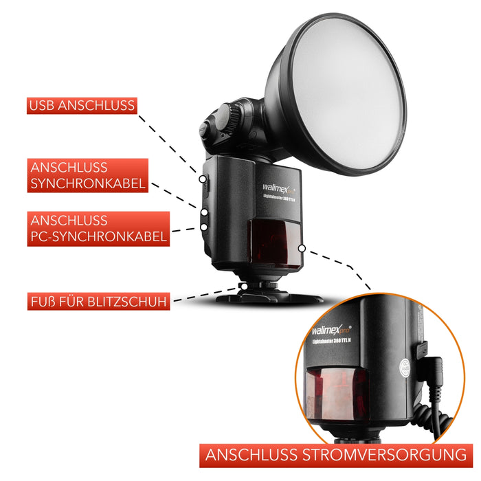 Light Shooter 360 TTL/N flash (incluso tubo flash, riflettore, diffusore, borsa, 1x Power Porta, cavo di collegamento, cinghia di trasporto, caricatore di rete) nero