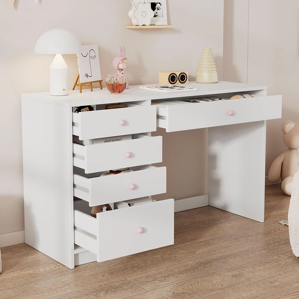 Scrivania bambini - Xylo - 5 cassetti, maniglie rosa, 120×45×74 cm