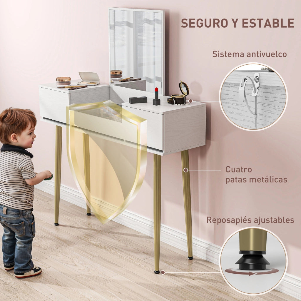 Tocador con Specchio e Cassetti ¨C zephmum ¨C 105.5x30x130.5 cm Bianco Dorato