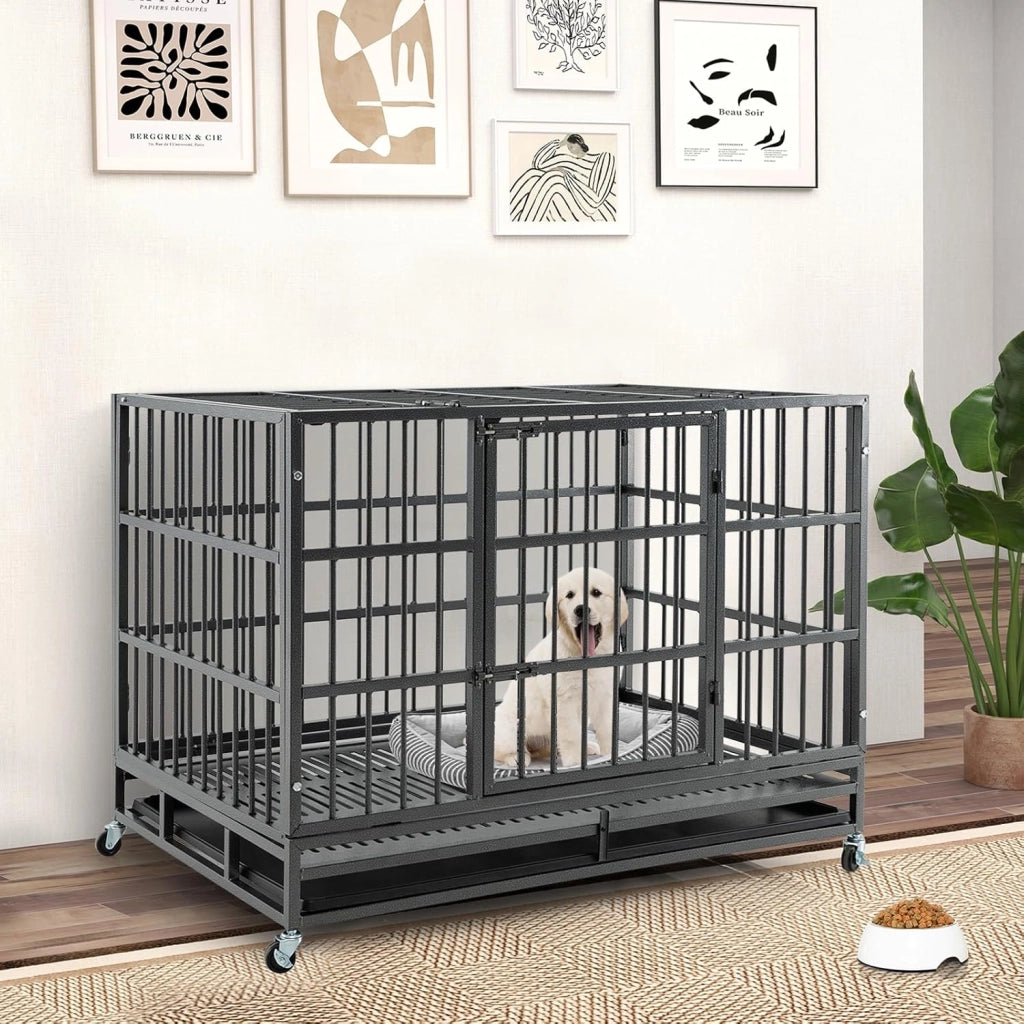 Gabbia per Cani in Metallo Pieghevole, Gabbia per Cani Anti-masticazione con Ruote, Vassoio Rimovibile e 2 Porte, Gabbia da Interno ed Esterno per Cani Media e Grande (120 x 76 x 90 cm)