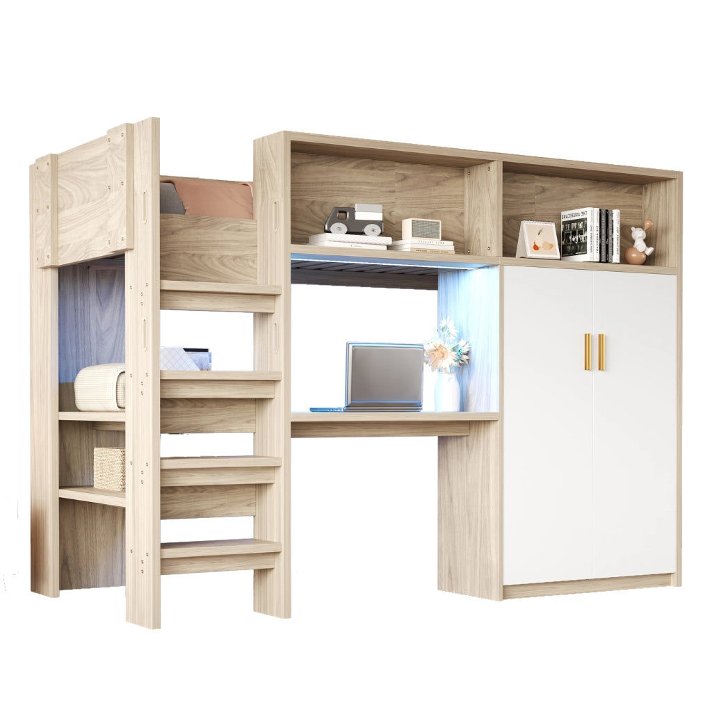 DESMIU Letto a soppalco 1 posto con scrivania, armadio, scaffali e LED regolabile 90 × 200 cm, senza materasso
