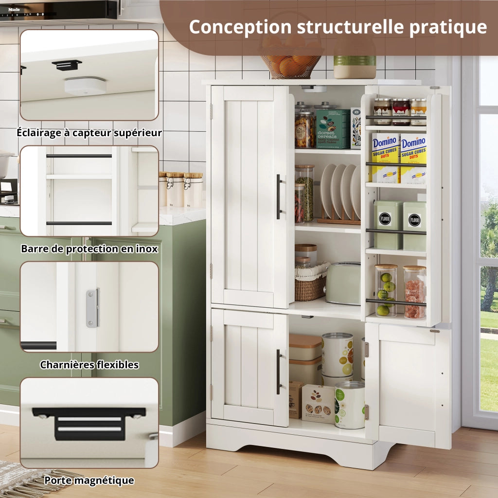 Credenza alta con LED sensore, 2 ripiani regolabili e ante ondulate, per cucina, in MDF bianco 120 × 60 × 40 cm