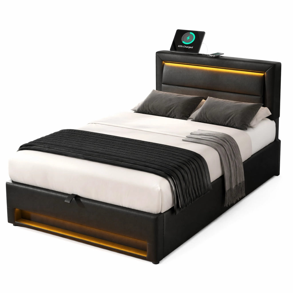 Letto imbottito 90x190 cm con USB, LED, contenitore e rete a doghe, PU, nero