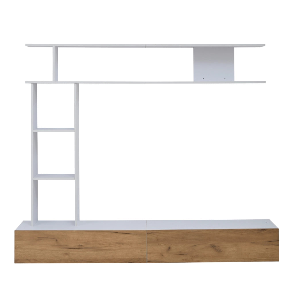 Mobile porta TV con 2 ante a ribalta e scaffale verticale, sospeso o a terra, bianco e legno 180 × 35 × 22,5 cm