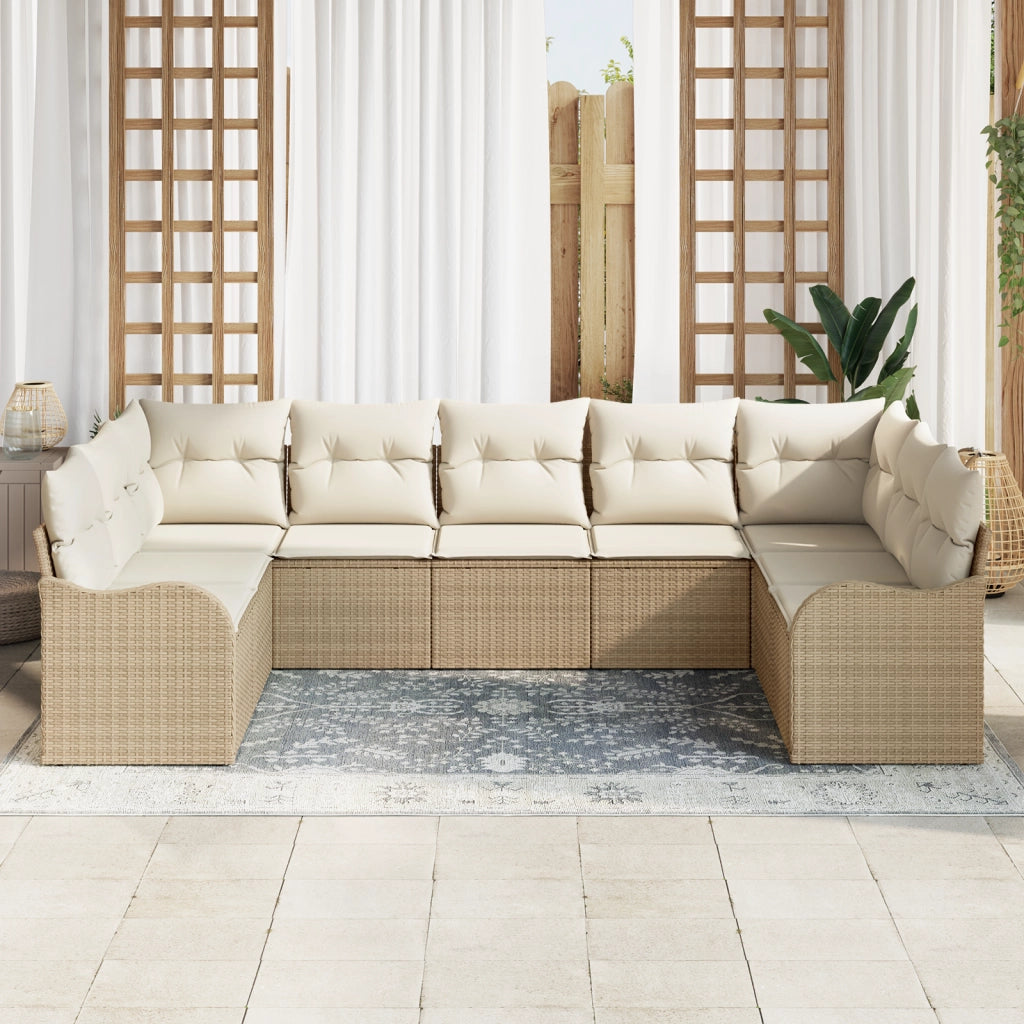 Set di Divani da Giardino da 9 Pezzi con Cuscini Beige in Rattan Polietilene