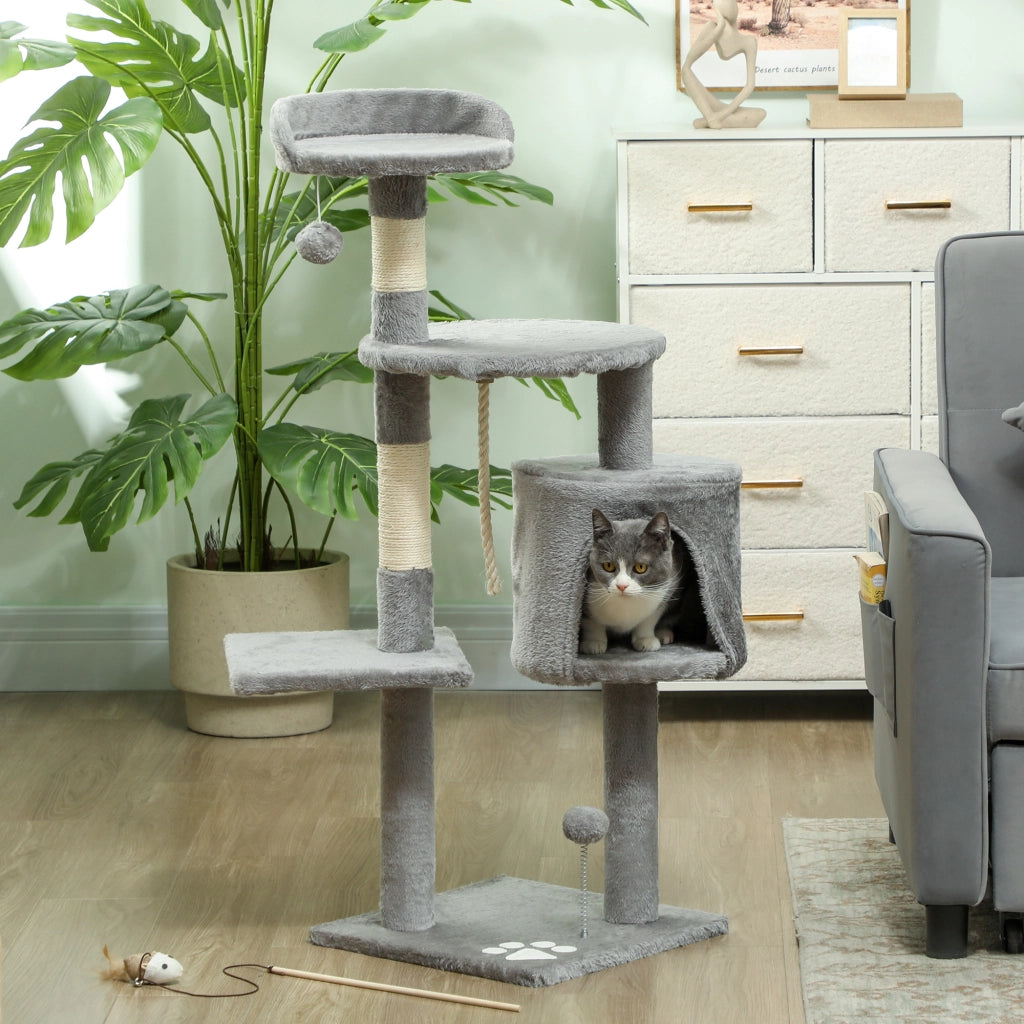 Albero tiragraffi per gatti con piattaforme, tana e corda ¨C zephmum ¨C 40x40x114 cm grigio