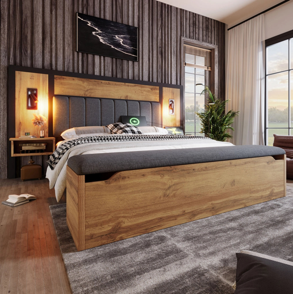 Letto matrimoniale 180x200 cm con luci da lettura; USB Type-C e panca contenitore; rovere