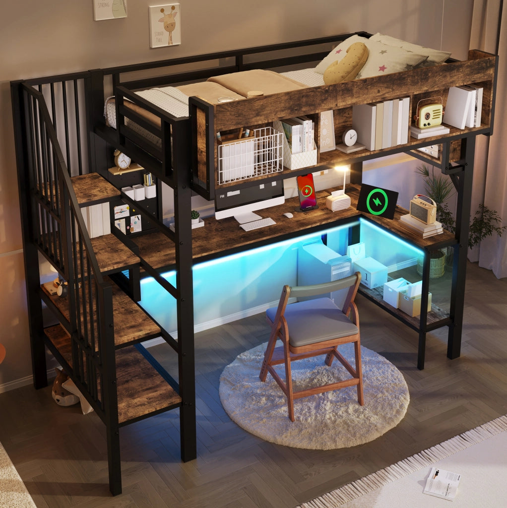 Letto a soppalco 90x200 cm con scrivania angolare, contenitori e LED