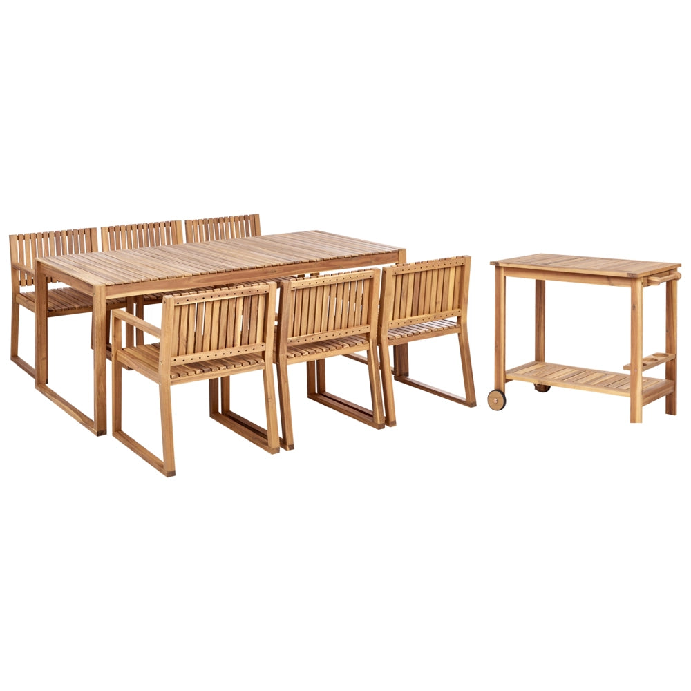 Set da pranzo rustico a 6 posti in legno d'acacia certificato tavolo e sedie con carrello resistente agli agenti atmosferici