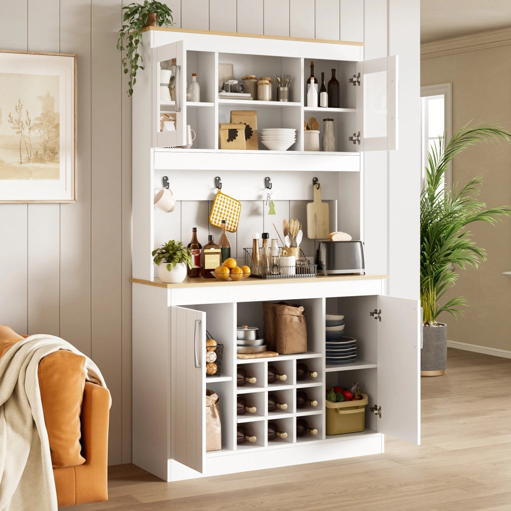 Credenza cucina con vetrine, portabottiglie e ganci 175 cm