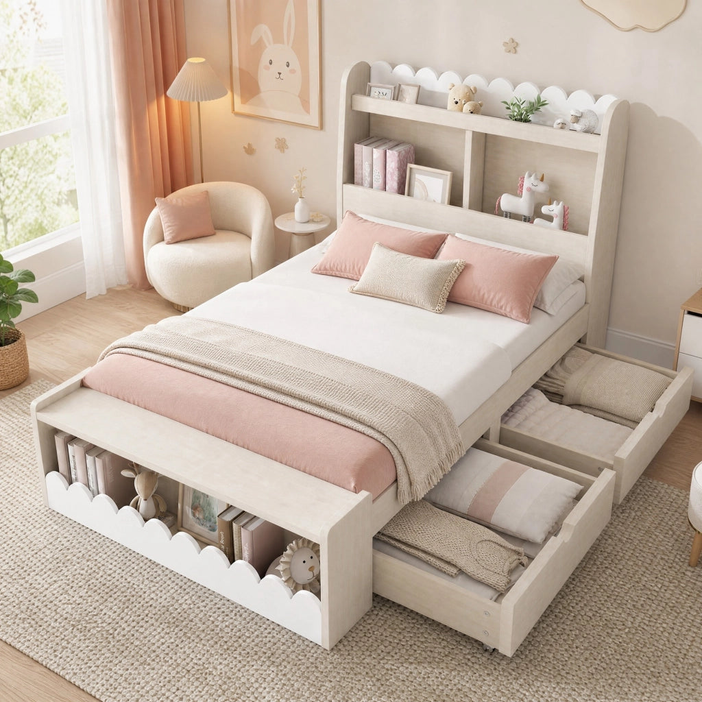 Letto singolo 90x190 cm con cassetti; ripiani e contenitore; in MDF e legno massiccio; bianco e rovere chiaro