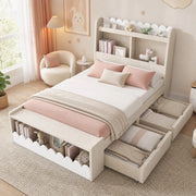 Letto singolo 90x190 cm con cassetti; ripiani e contenitore; in MDF e legno massiccio; bianco e rovere chiaro