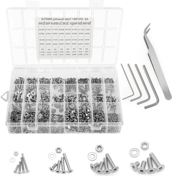 Set di Viti Sottoposte con Socket a 6 Facce - Viti in Acciaio Inossidabile M2, M3, M4 e M5 - 950 Pezzi con Scatola di Riposo per DIY e Riparazione di Macchinari