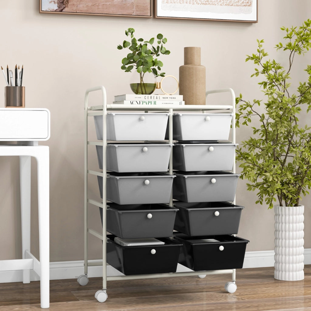 Carrello a 10 cassetti multiuso con ruote-Scaffale Organizzatore per carta da scrapbooking e utensili da ufficio Bianco e grigio