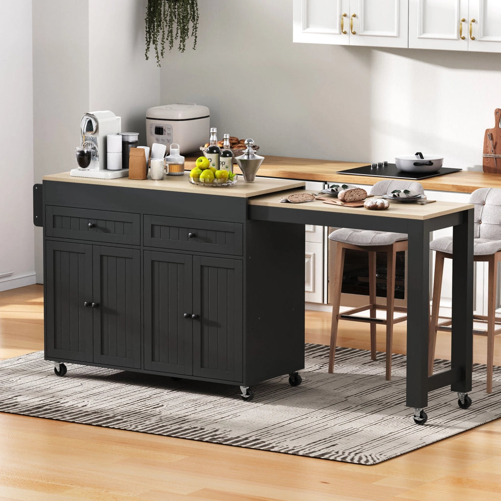 Isola da Cucina con Piano Estensibile; 1 Cassetto e 7 Ruote; in MDF; 112-180;5x45x92;2 cm; Nero Naturale
