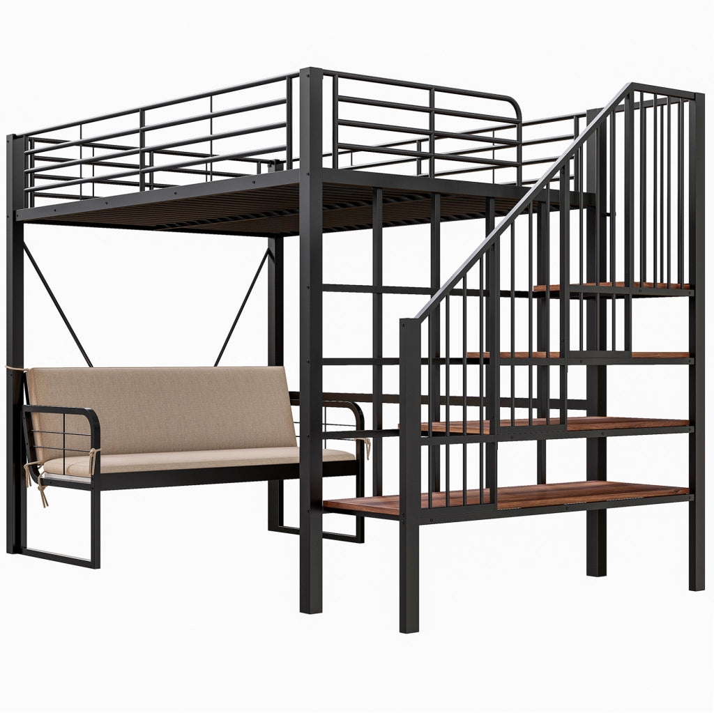 Letto a castello ULEVR 140x200 cm con scala contenitore e divano imbottito removibile, nero