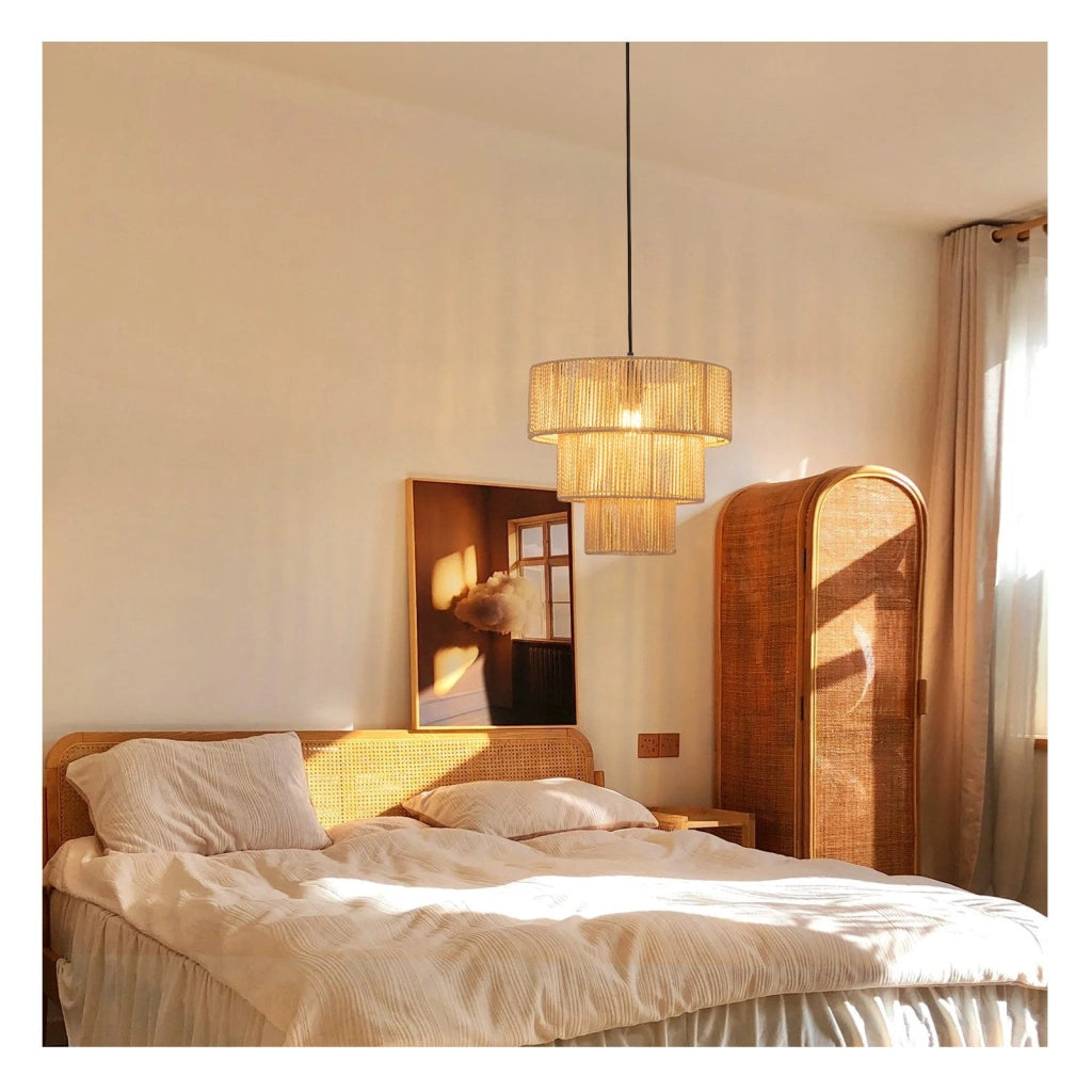 Lampada a sospensione ZMH per sala da pranzo 1 fiamma in rattan beige stile boho per bar e ristoranti