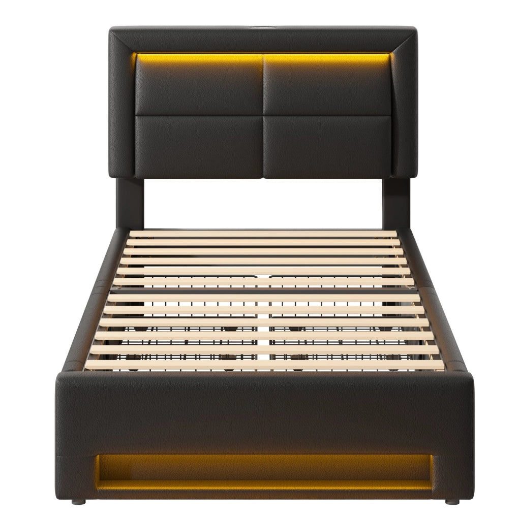 Letto imbottito 90x190 cm con USB; LED e 4 cassetti; PU nero