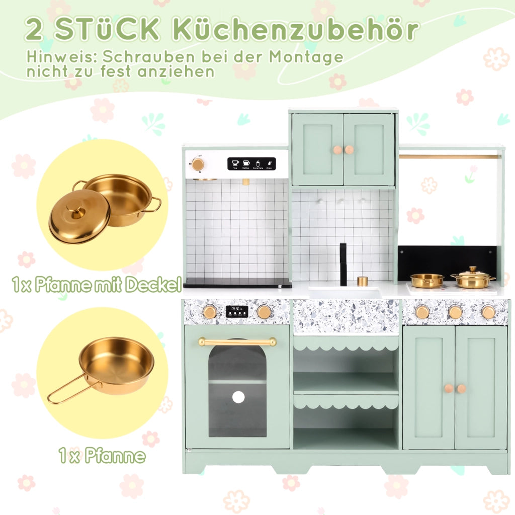 Cucina giocattolo per bambini con macchina per bevande lavello e microonde girevole in MDF verde 30 × 90 × 98 cm