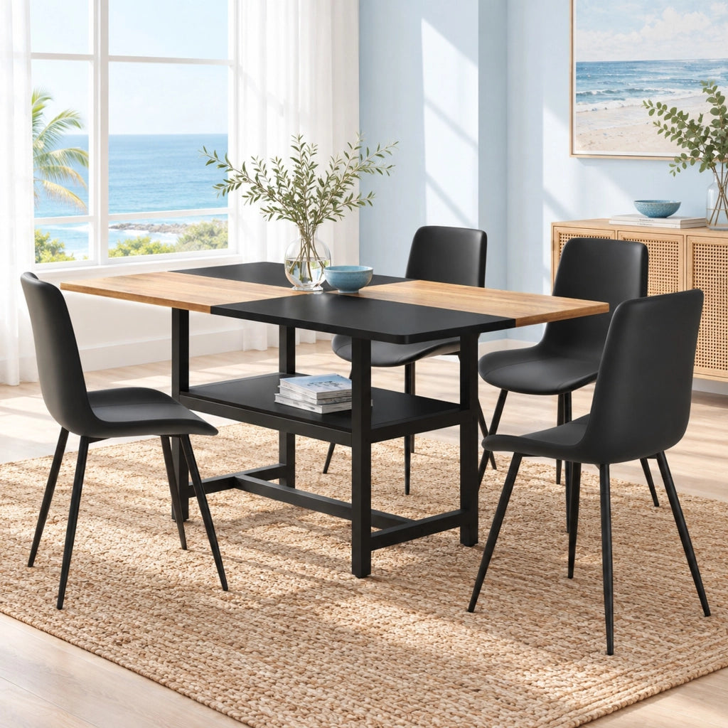 Set tavolo da pranzo con 4 sedie rettangolare 160 cm in MDF e metallo marrone e nero con ripiano integrato